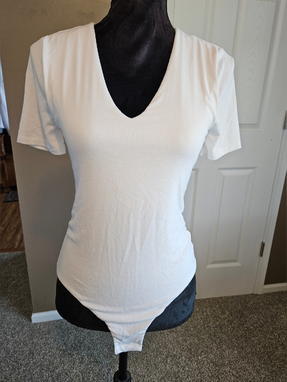 Soma White Ribbed V-Neck Short Sleeve Bodysuit